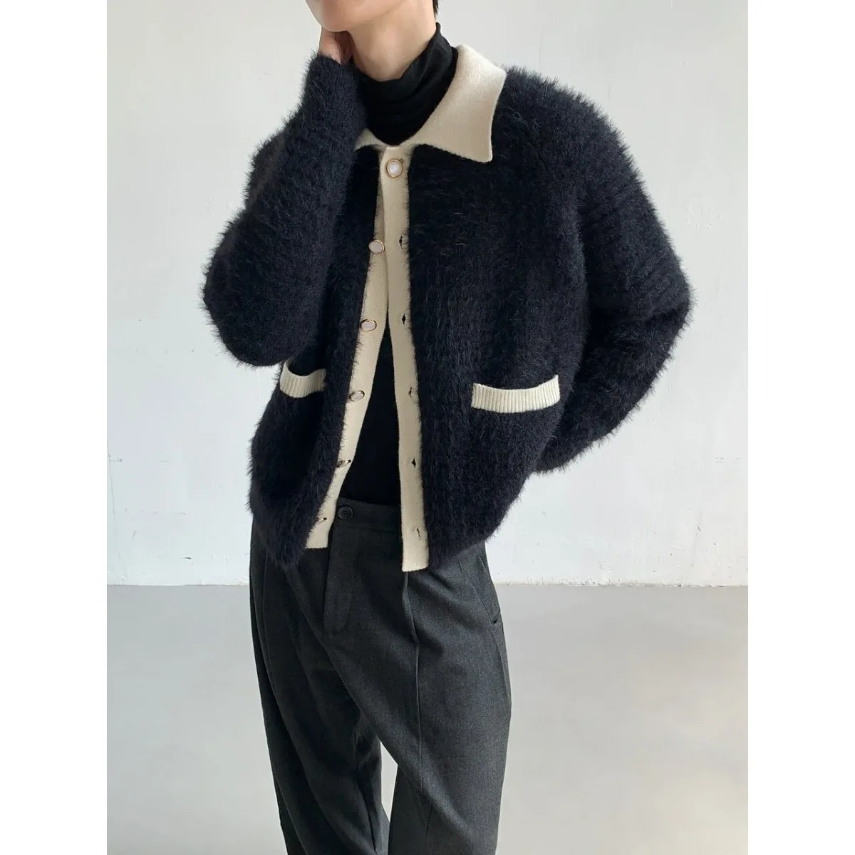 Soft American Retro Color Block Loose Sweater Coat Men Women Autumn Winter Lazy Style Versatile Open Cardigan Knittedwear