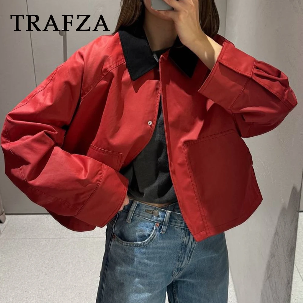 

TRAFZA Chic Red Streetwear Patchwork Woman Jacket Fashion 2025 Spring Black Collar Long Sleeve Outwear Casual High Street Jacket