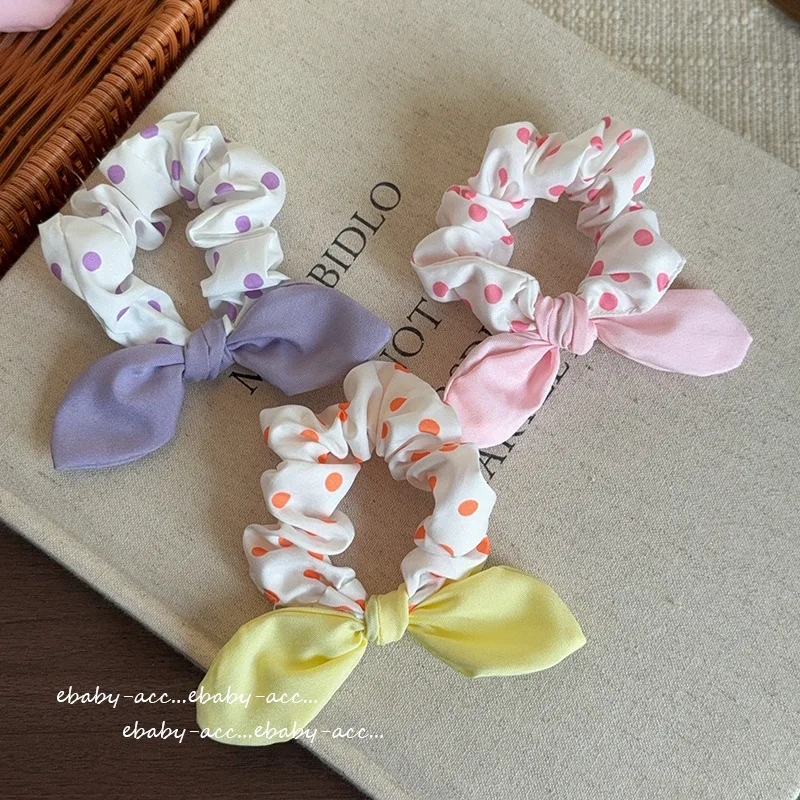 Hair Scrunchies Kids Girls Colorful Polka Dot Bunny Ears Bow Soft Fabric Elastic Ponytail Bun Spring Summer School Lightweight