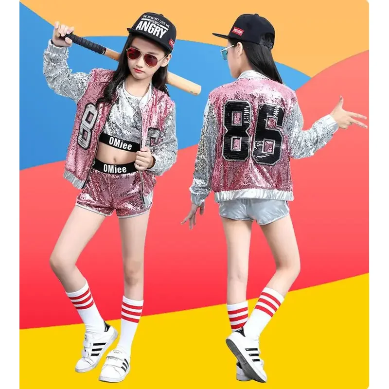 Crianças lantejoulas hip hop roupas para meninas jaqueta colheita regatas camisa shorts jazz dança traje de salão dança streetwear