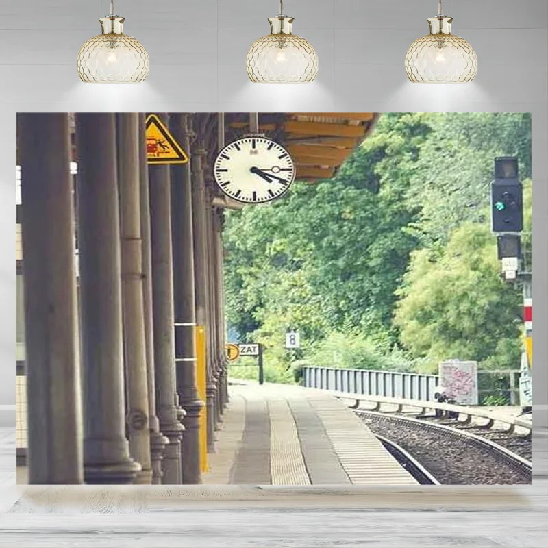 Train Station Backdrop Decorations Brick Floor Pillar Clock Railroad Tree Photographic Background Themed Party Banner