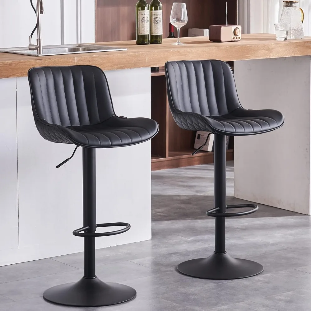 

Black Bar Stools Faux Leather Set of 2 Barstools with Back Swivel Adjustable Counter Height Bar Stool Upholstered Modern