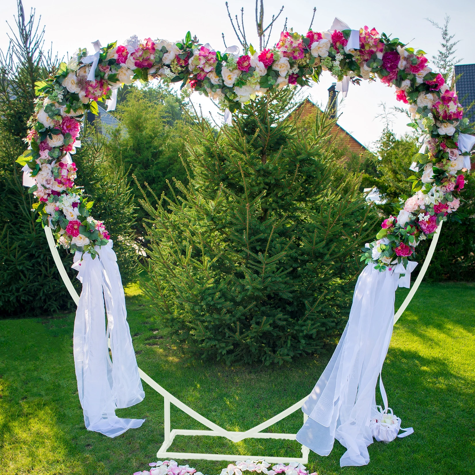

qp-Heart Shape Wedding Arch Stand with Base, Heavy Duty Metal Flower Balloon Frame, Backdrop Stand for Party, 7.2FT-