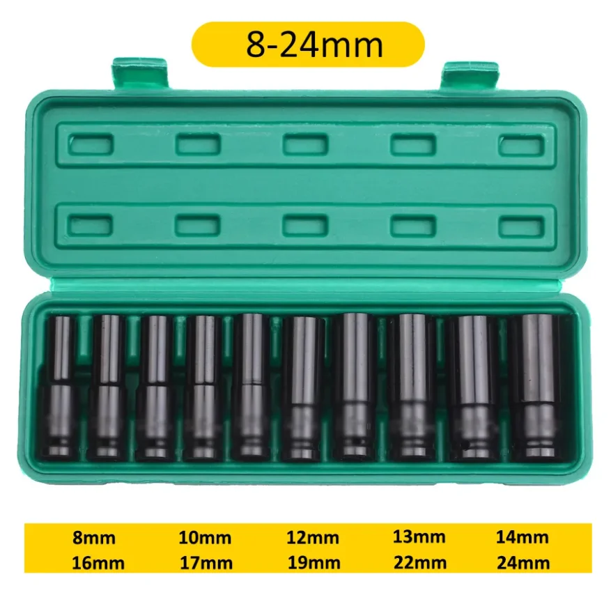 

1/2Inch Drive 6-Point Impact Socket Set 10pcs/set Metric Sizes Carbon Steel Impact Socket Set with Hard Storage Box