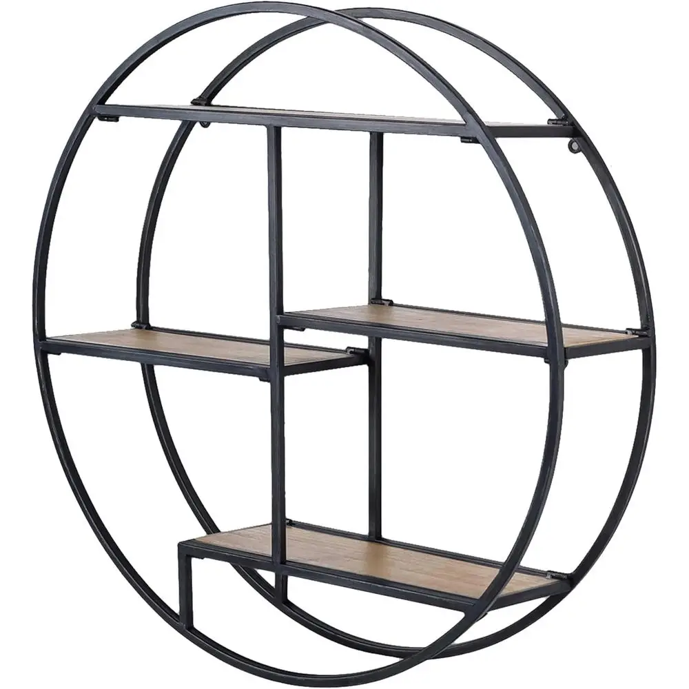 

Industrial Style Round Wall Shelves, 3 Tier Decorative Floating Ledge Shelves, Wall Mounted Metal Bracket Wooden Display Hanging