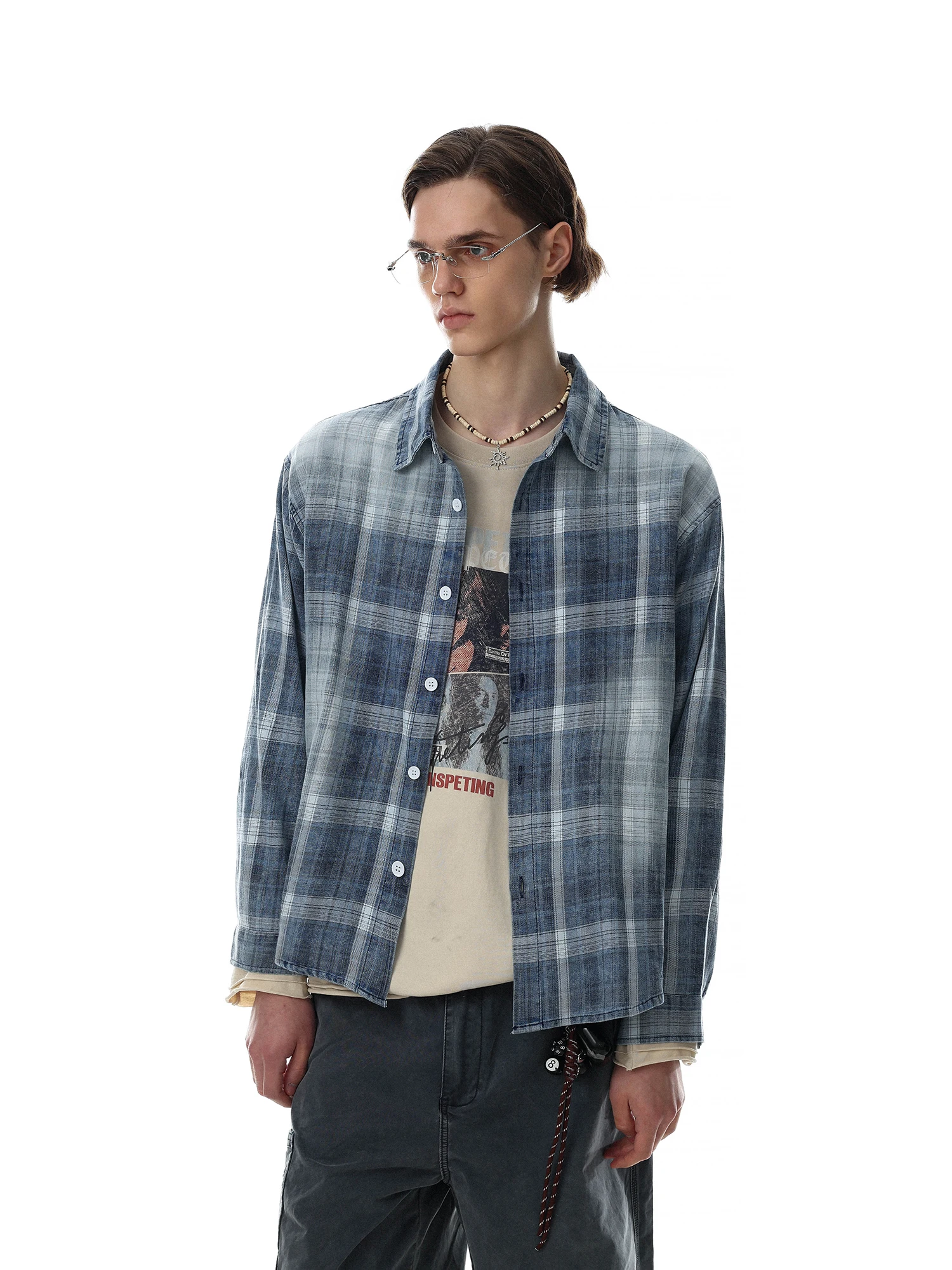 American Retro Washed Plaid Color Block Long Sleeve Men's Shirt Casual Loose Fit Cotton Breathable Comfortable Autumn Wear