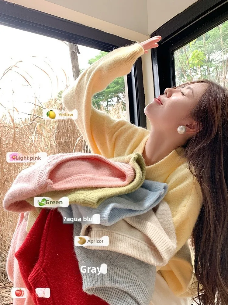 

Zeng Xiao Salt Simple Loose Color round Ne Knitwear Women's Spring New Lazy Sle Top Comfortable Regular Fit Long Sl...