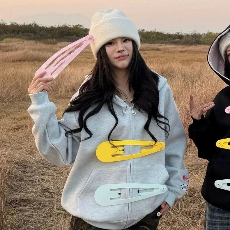 American Retro Girls Zipper Hoodie Removable Oversized Hair Clip Ornament Sweatshirt Cute Polka Dot Sweet Punk Sweatshirt Jacket