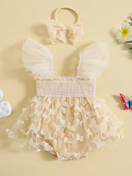 Baby Girl Romper Dress Smocked Butterfly Princess Tulle Dress Headband 3 6 9 12 18 24 Months Dresses Summer Clothes (Romper