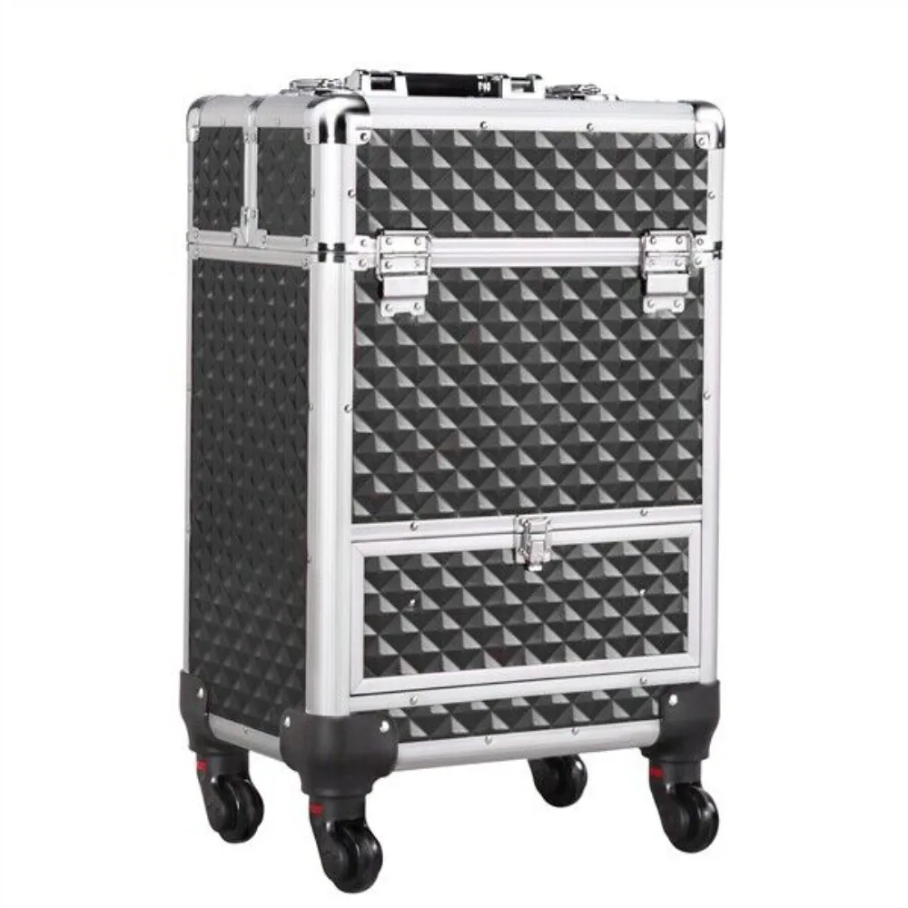 Rolling Makeup Train Case Aluminum Cosmetic Case Trolley with Drawer Lock Black