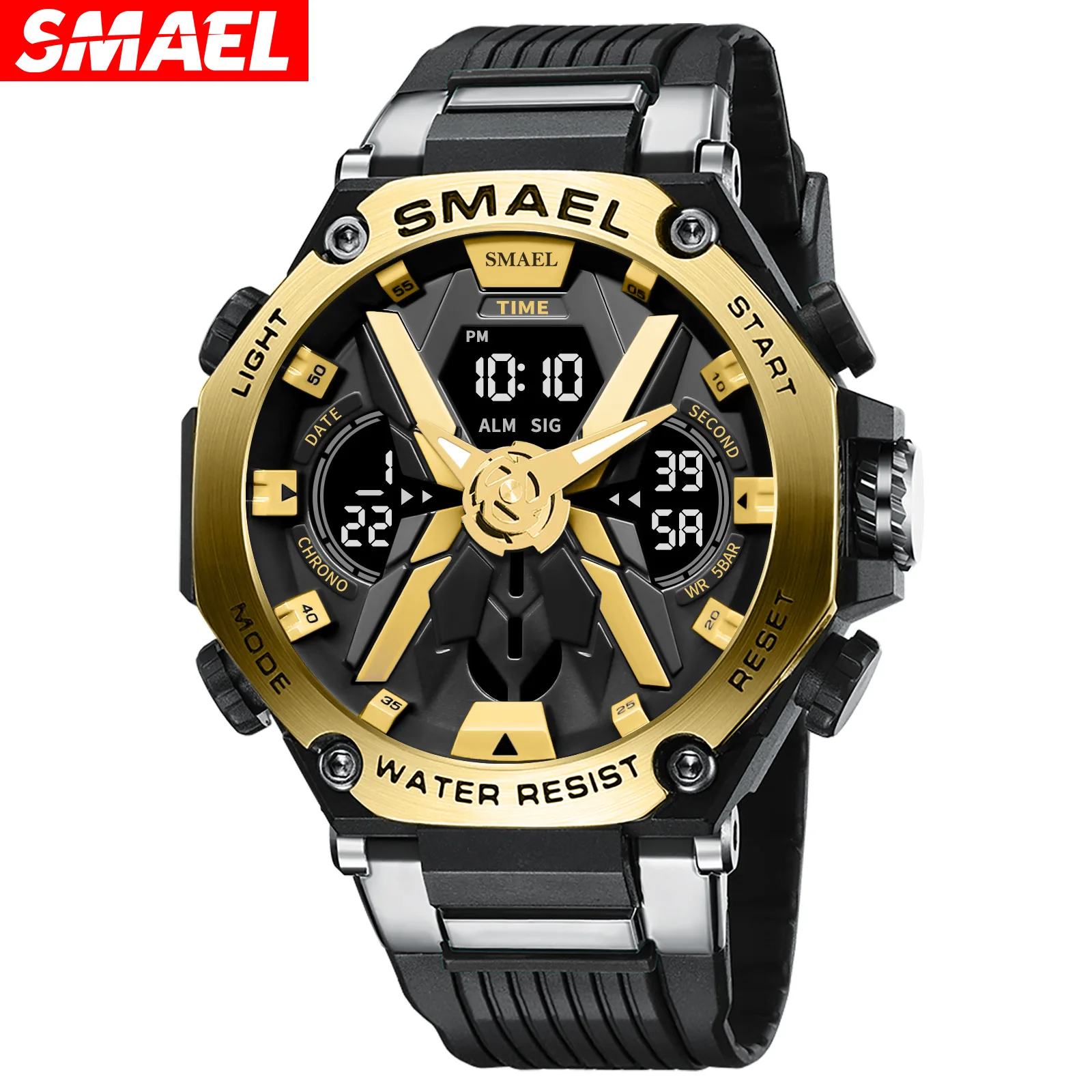 

SMAEL 8087 Man Electronic Watch Leisure Sport Quartz Analog Dual Display Wristwatches Black Gold Silicone Strap Male Clock