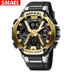 SMAEL 8087 Man Electronic Watch Leisure Sport Quartz Analog Dual Display Wristwatches Black Gold Silicone Strap Male Clock