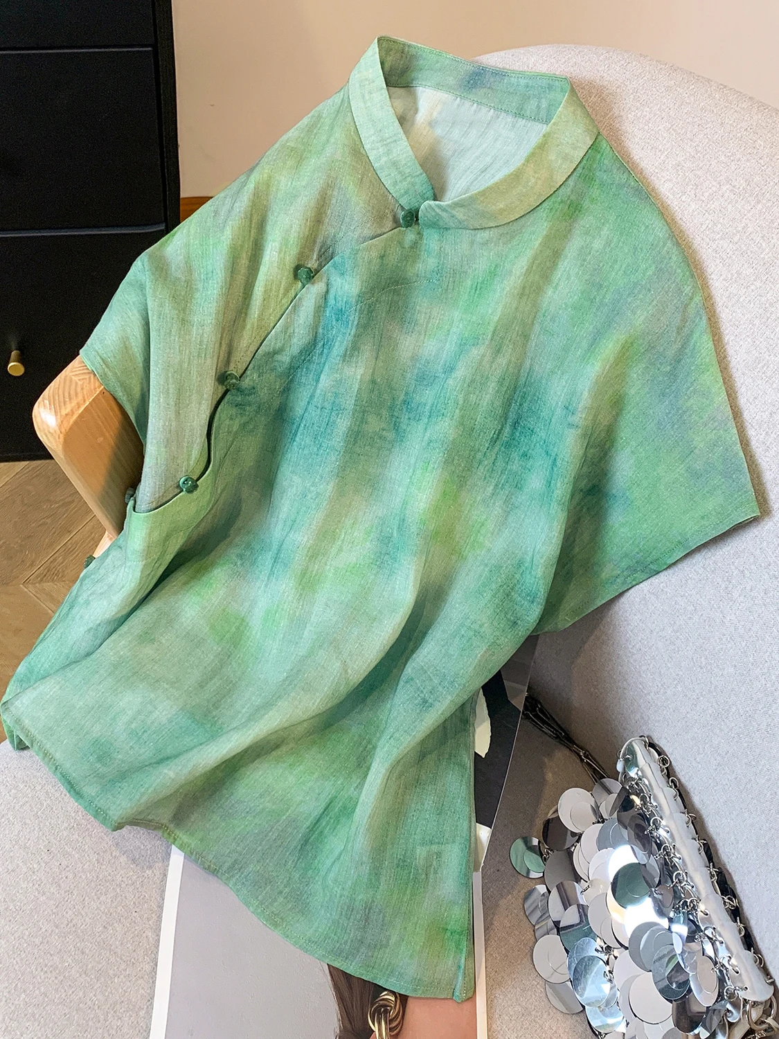 ريترو Sle المرأة الكتان irt ort Sve زر حتى مطبوعة فضفاضة تناسب الصيف الجديدة الصينية الوطنية Sle Zen الروحية Impr...