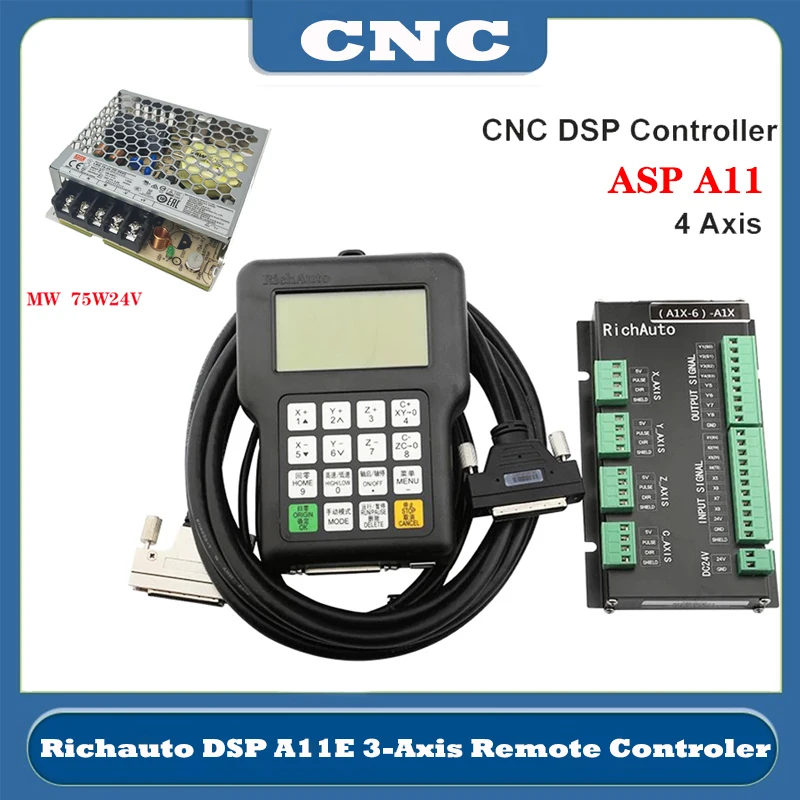 A11E/A18E RichAuto DSP CNC controller 3axis/4axis Motion remote For CNC engraving and cutting English version 75W24V power Kit