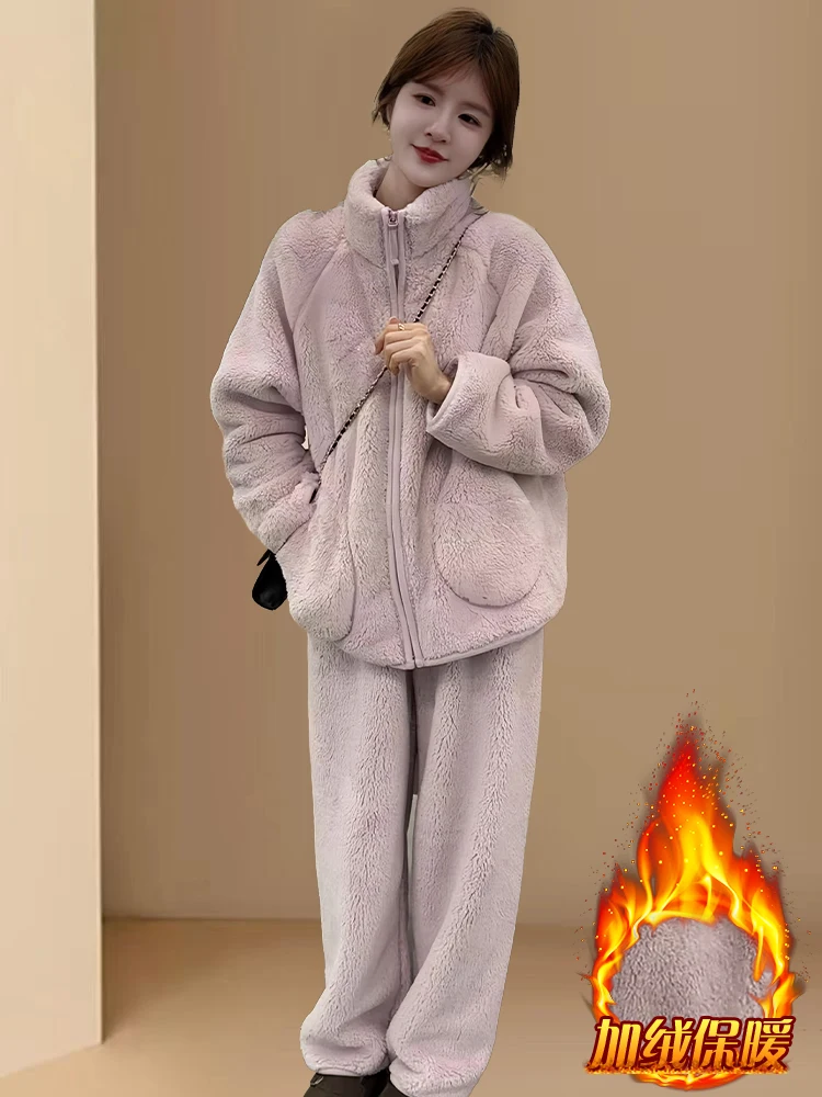 2025 Winter New Loose Plush Thick Two Piece Set Women's Solid Color Stand Collar Coat Wide Leg Pants Casual Loose Set