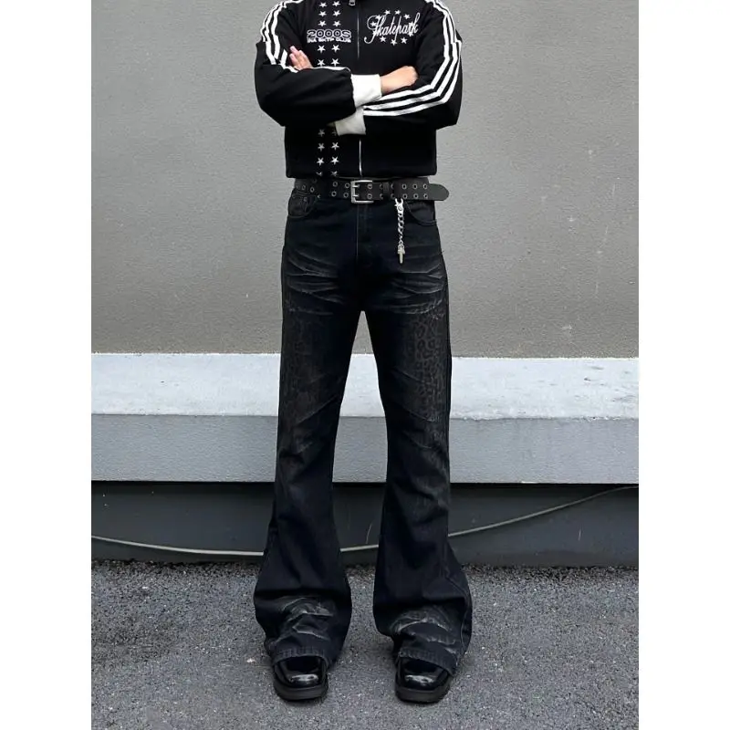Men's Black Leopard Print Pattern Jeans 90s Boys Bottom High Waist Sweatpants Y2k Wide-leg Denim Trousers Male Casual Pants