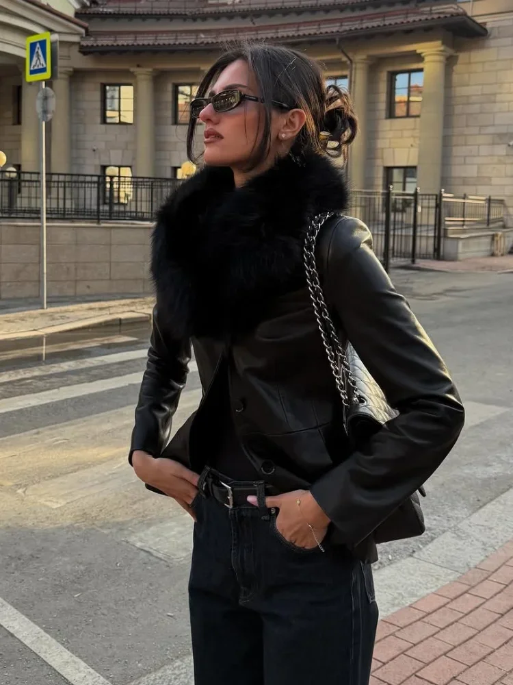 Faux Fur Collar Pu Leather Jacket Large Single‑breasted Slim Fit Long Sleeve Coat Winter Warm Fashion 2026 New Lady Outerwear