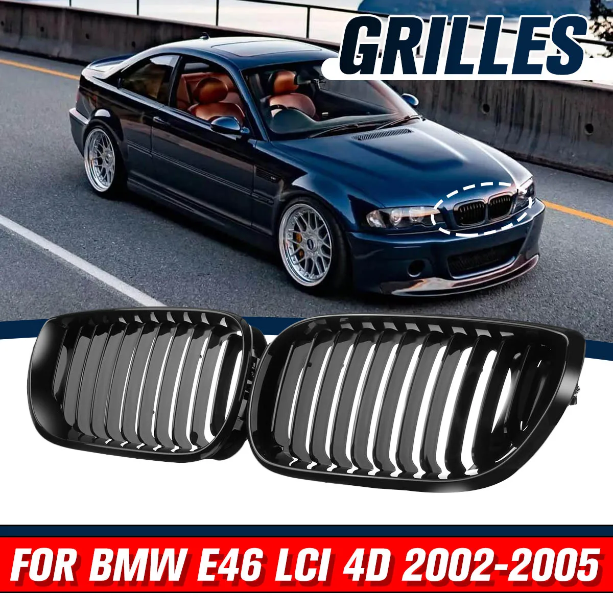 

2Pcs High Quality ABS Car Styling Front Kidney Grille For BMW E46 LCI 4D 2002 2003 2004 2005 Auto Accessories