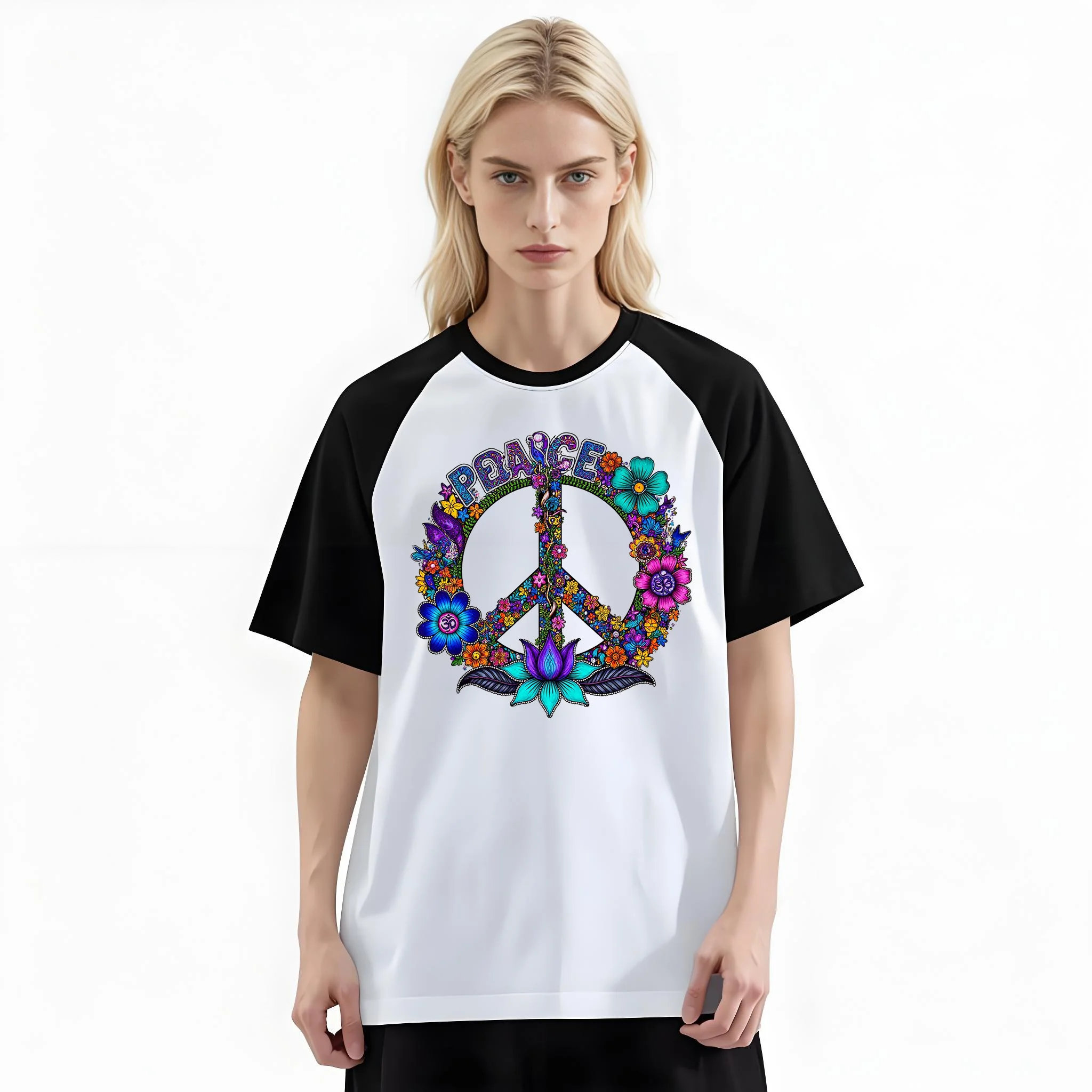 Women'S Fashion Raglan Sleeve T-Shirt, Colorful Floral Wreath Peace Sign Hippie Vintage Praise Printed, Summer Casual Comfortable Tee, Women'S Everyday Short-Sleeve Top