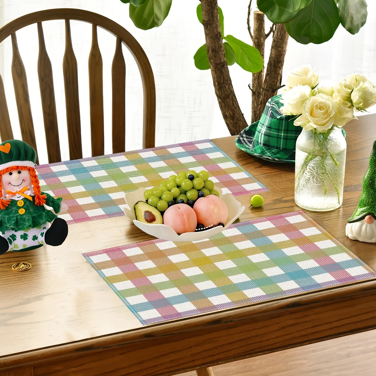 Of 4 Flat 2D Placemats in Blue, Pink, and Yellow Buffalo Plaid, Perfect for Easter Celebrations and Kitchen Dining Decor view 4