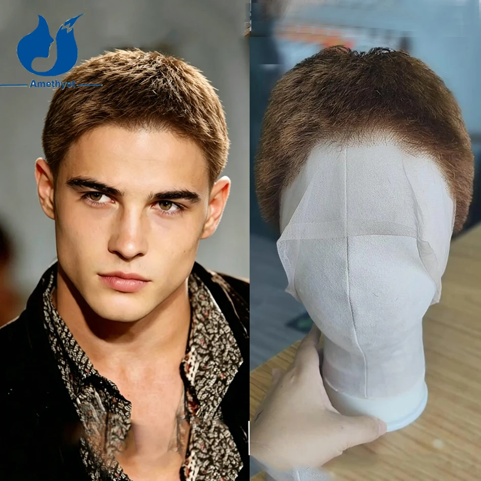 Мужской парик Amethyst Buzz Cut, короткий, коричневый, на полной сетке, из натуральных бразильских волос Реми, прямой, цветной # 4 модных парика, уже уложенных по индивидуальному заказу