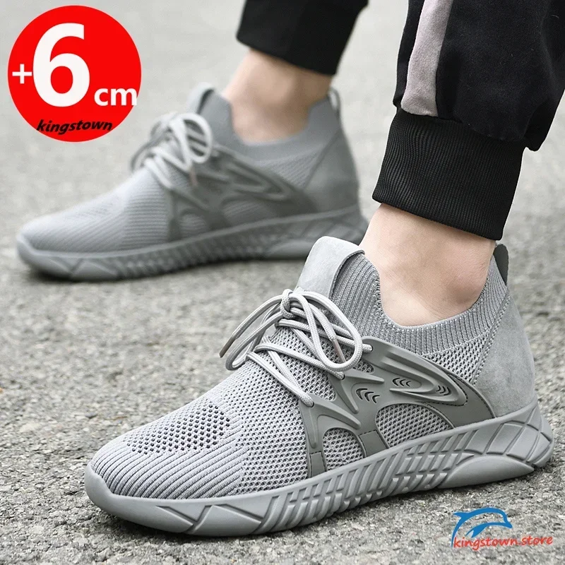 Sepatu lift olahraga pria, sneaker jala penambah tinggi sol dalam 6cm bernafas