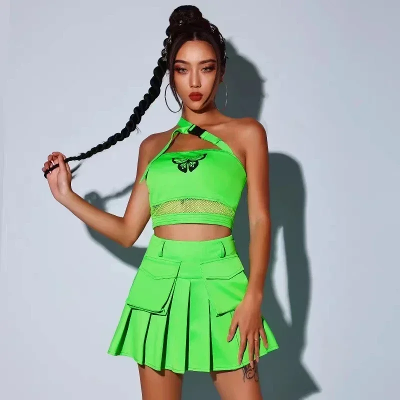 Traje de escenario de bailarina Gogo para club nocturno, ropa de porristas para adultos, nuevo traje de baile de Jazz Kpop, ropa de HipHop verde fluorescente