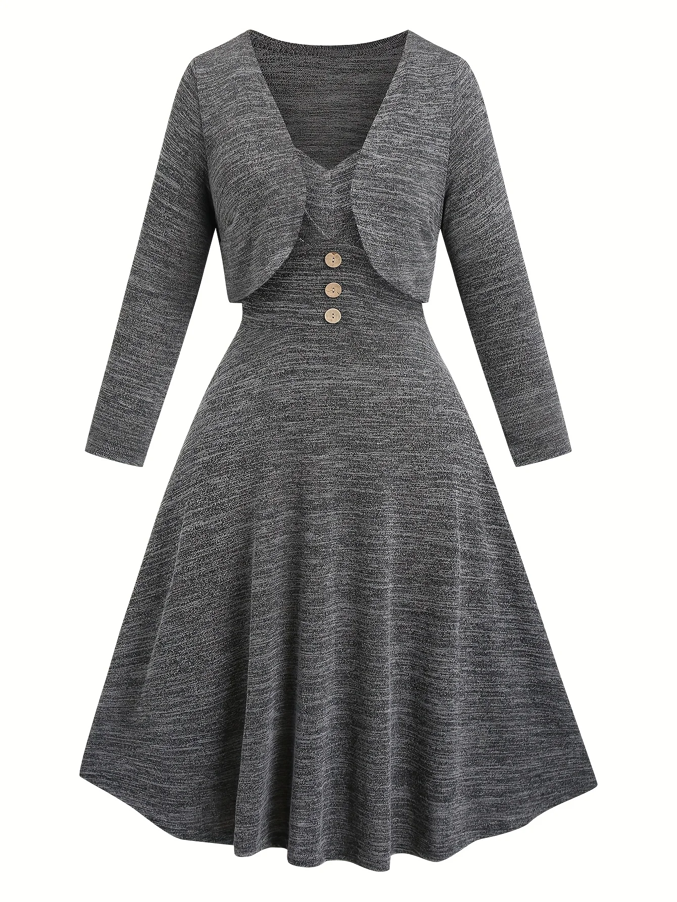 Un set due pezzi di comodo cardigan grigio scuro con un abito allacciato da donna