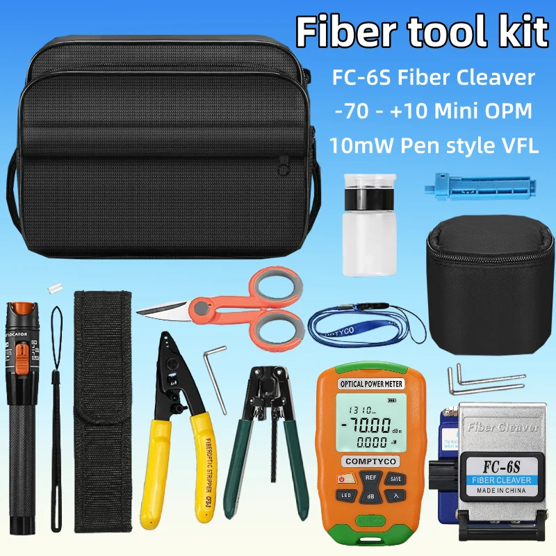 

FTTH Fiber Optic Tool Kit With FC-6S Fiber Cleaver -70 - +10 Optical Power Meter Tester 10mw Visual Fault Locator Fiber Stripper