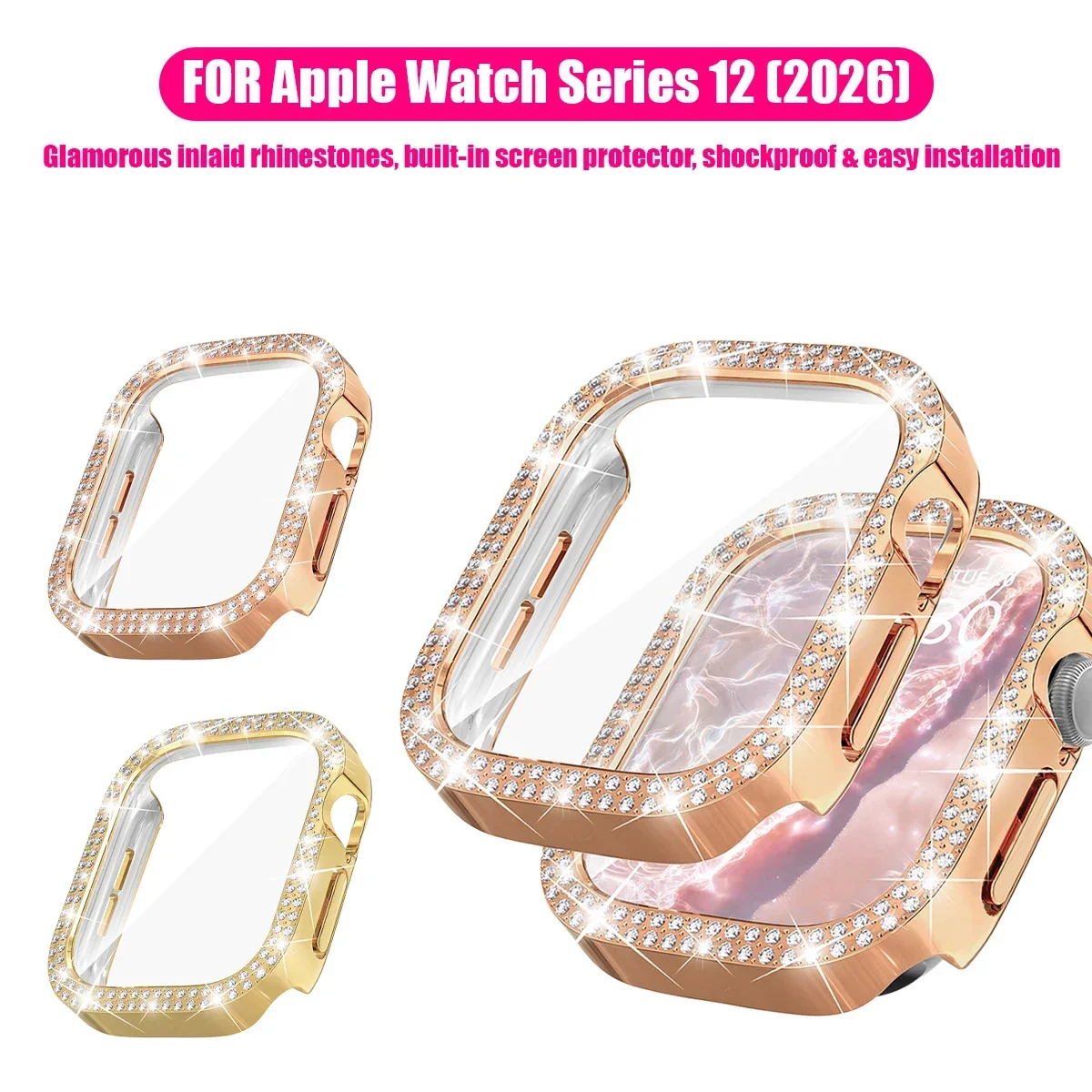 Bling Diamond PC Case Compatible For Apple Watch 12 42mm 46mm Cover+Tempered Glass For iWatch Series 12 Screen Protector Bumper