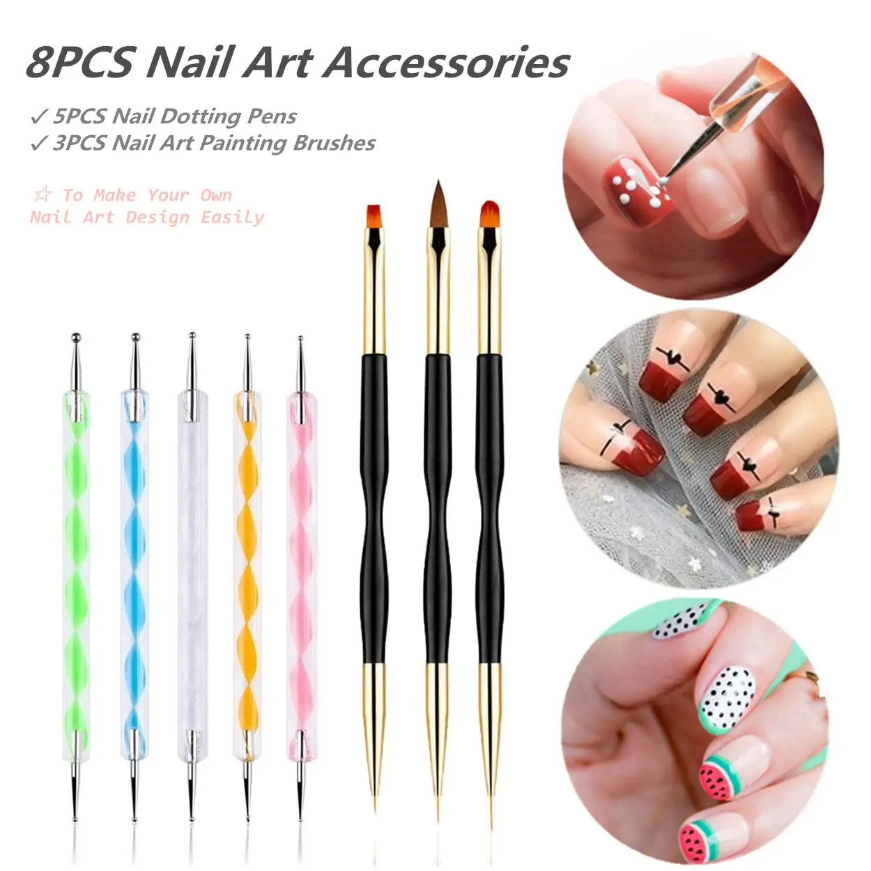 YIKOOLIN 5PCS Dotting Pens with 3 PCS Nail Painting Brushes Double Ended Brush and Dotting Tool Kit Nail Art Design Tools