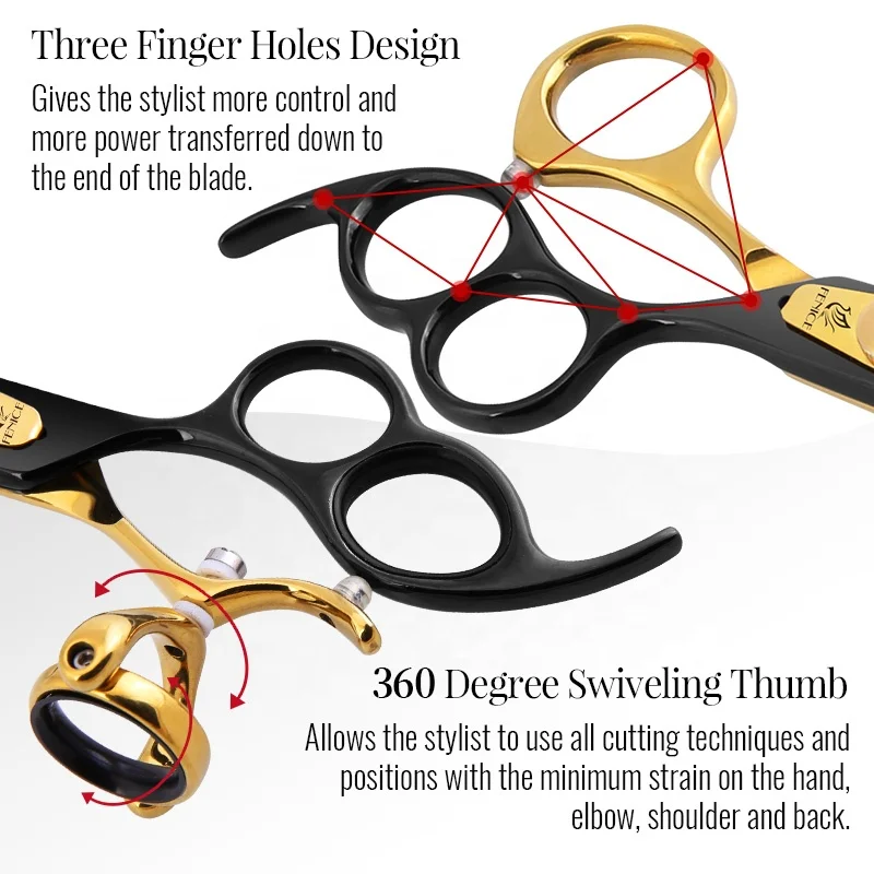 7.0/8.0/9.0 Inch Pet Grooming Three Holes 360 Degrees Swivel Rotating Thumb Curved Scissors Black&Gold Dog Beauty Shears