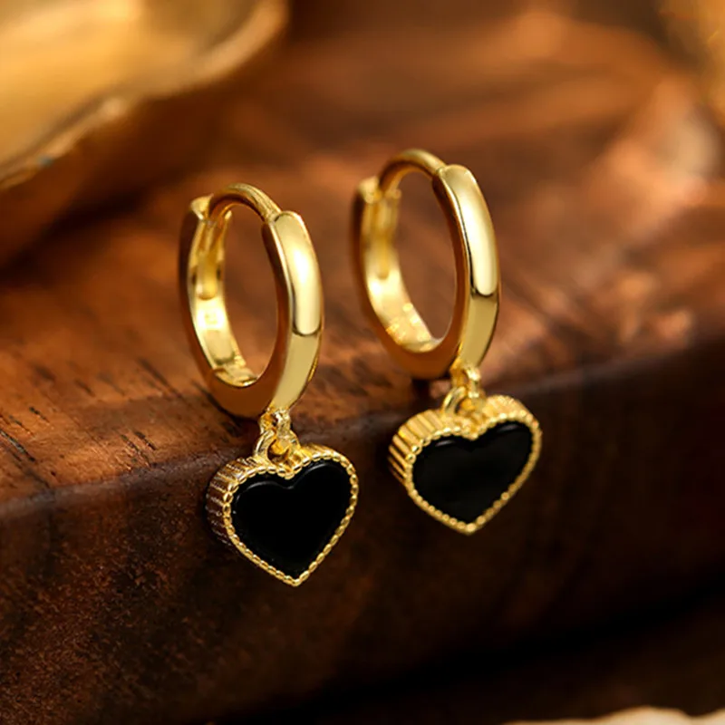 

Женские серьги из стерлингового серебра S925 с позолотой, в форме сердца, с черным агатом, популярные модные украшения, аксессуары для вечеринок