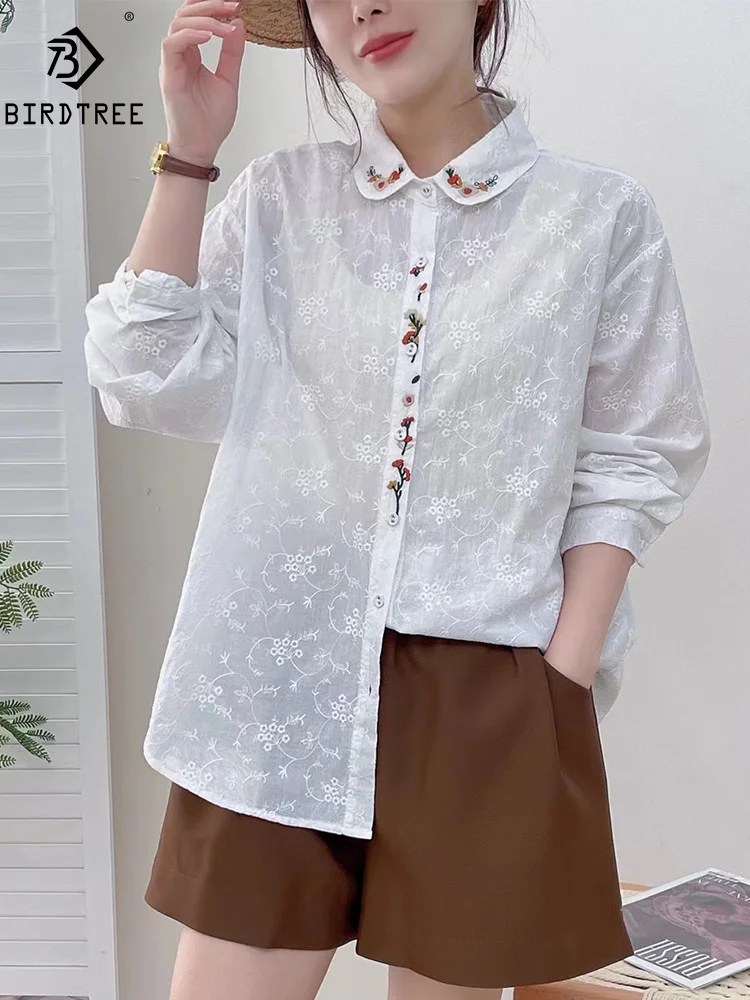 

New Spring Cotton Embroidery Shirts Women Single Breasted Long Sleeve Top Girl Sweet Fashion Loose Blouses 2024 Summer T44195QM