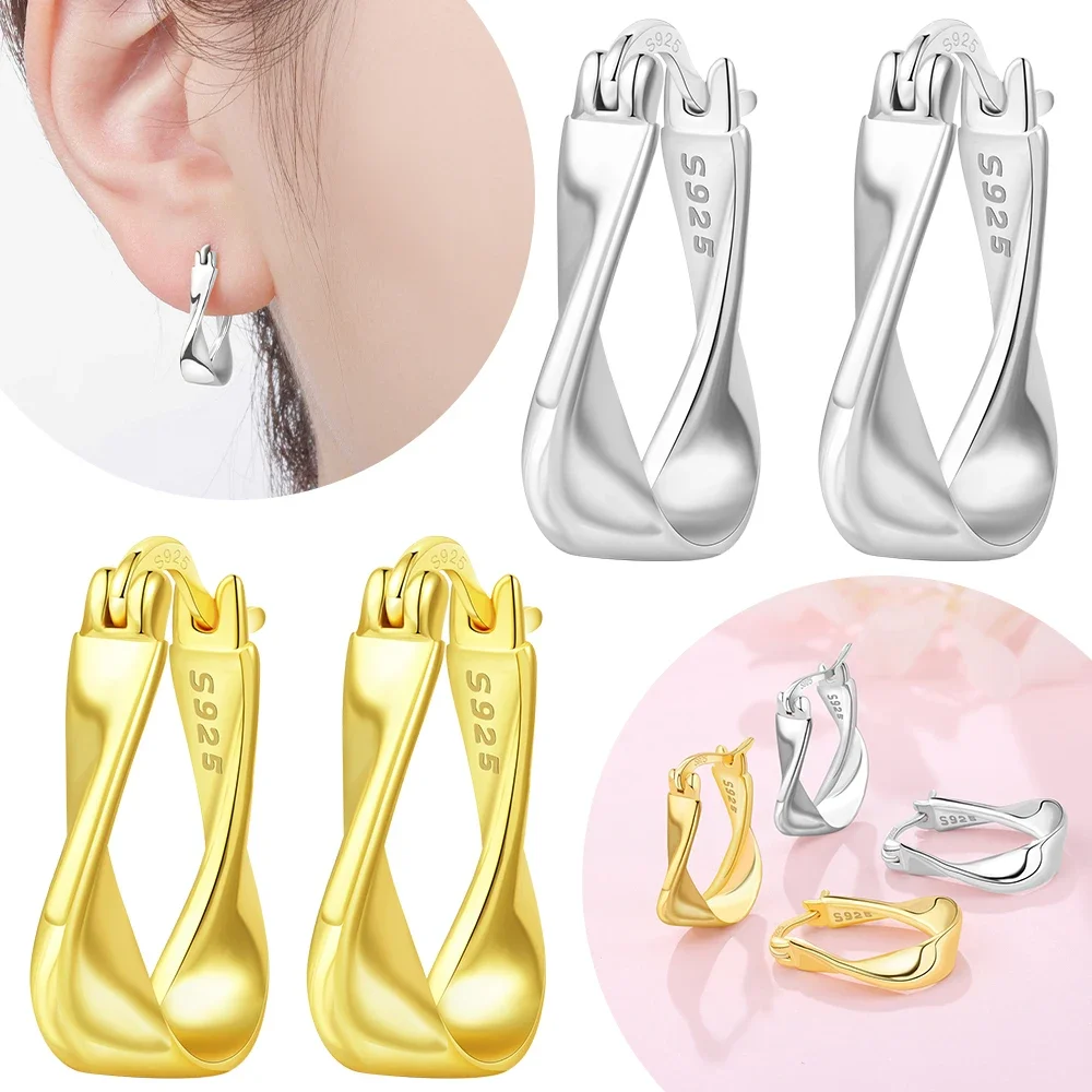 Gold Twisted Rope Simple Earrings Collection Jewelry Women's Earlobes Original 925 Silver Anniversary's Gift Jewelry Accessory
