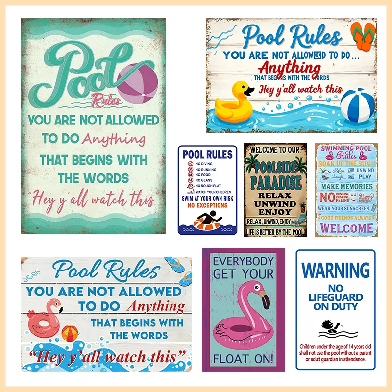 Vintage Funny Pool Rules Metal Tin Sign Retro Swimming Pool Flamingo Wall Art Decor For Backyard Patio Ideal Gifts Home Decor