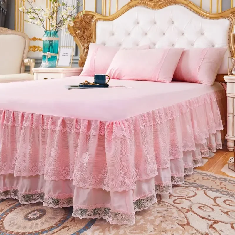 Simple Solid Color Bed Skirt with Lace, Wrap Around Bedskirt, 3 Side Coverage Dust Ruffle, 3 Piece 1 Bed Sheet & 2 Pillowcases