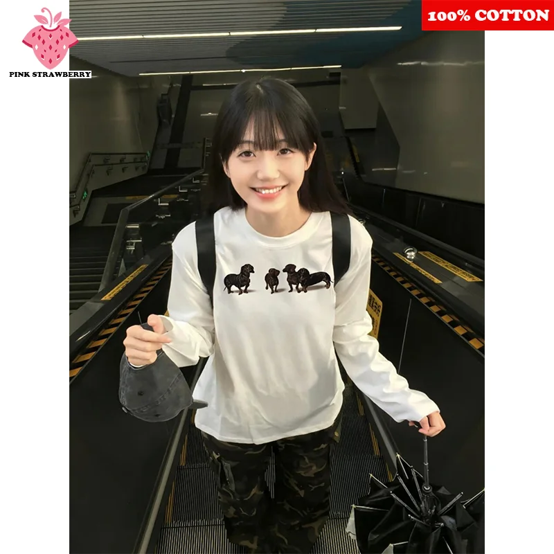 

Cute Dachshund Print T-shirt Women Autumn 2025 New 100%Cotton Korean style Long sleeves T-shirt Pullover Y2k Tops kawaii clothes