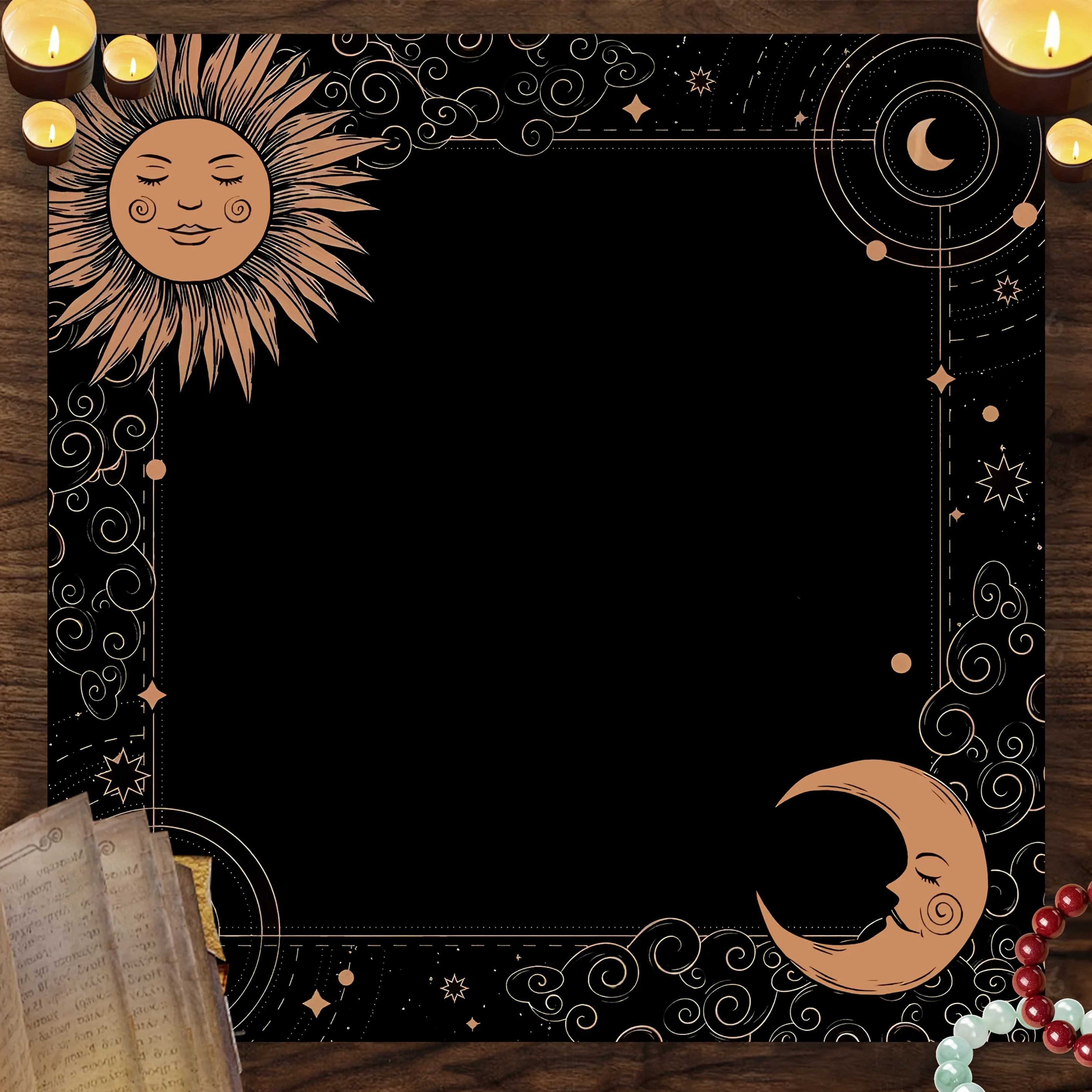 1pc Black Spirit Altar Tablecloth, Botanical & Mysterious Rune Design, Sun‑Moon Bohemian Style, Tarot Game Card Mat