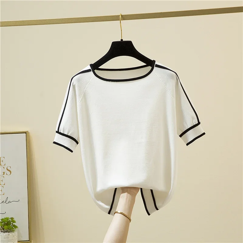 Verão manga curta o pescoço de malha camisola feminina pulôver casual camisola de malha feminina topos blusas mujer de moda 2025