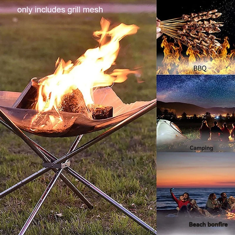 Portable Fire Pit Net Durable Outdoor Camping BBQ Mesh Fireplace Steel Backyard Rack Fire Quick Assembly Net Camping Grill Net