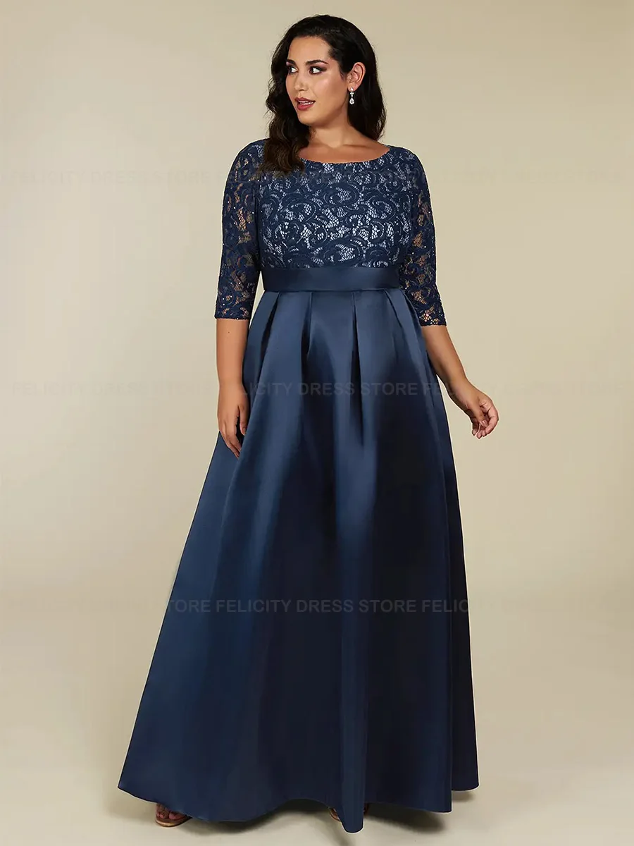 Exquisitos vestidos de talla grande para madre de la novia, vestidos de invitados de boda de línea a con cuello redondo, vestidos de fiesta plisados de encaje con lentejuelas y lazo, 2023