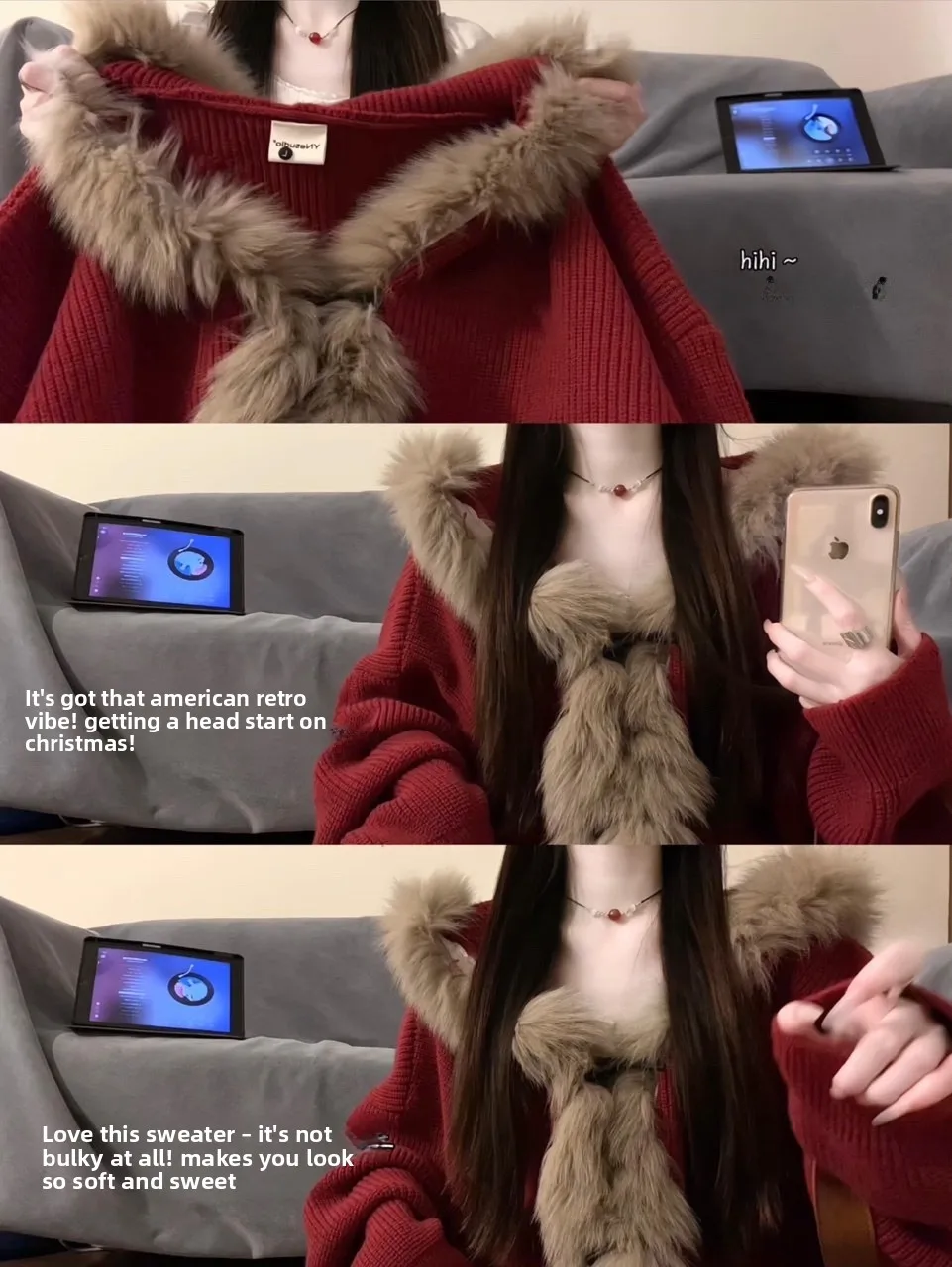 

Красный вязаный кардиган с меховым воротником в стиле Cisas, на пуговицах, свободного кроя, зимний, с капюшоном, для женщин