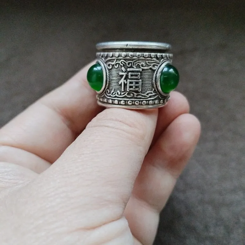 Antique Old Silver Ring Patina, Inlaid With Green Jadeite, Featuring A Rotatable Fu Lu Shou Design In Center