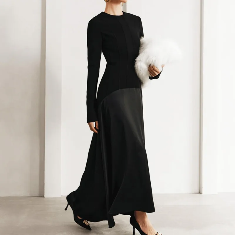 

Ticketsx Elegant Round Neck Patchwork Long Sleeved Maxi Dress Women Black High Waisted Dress Autumn High Street Commuter Dress