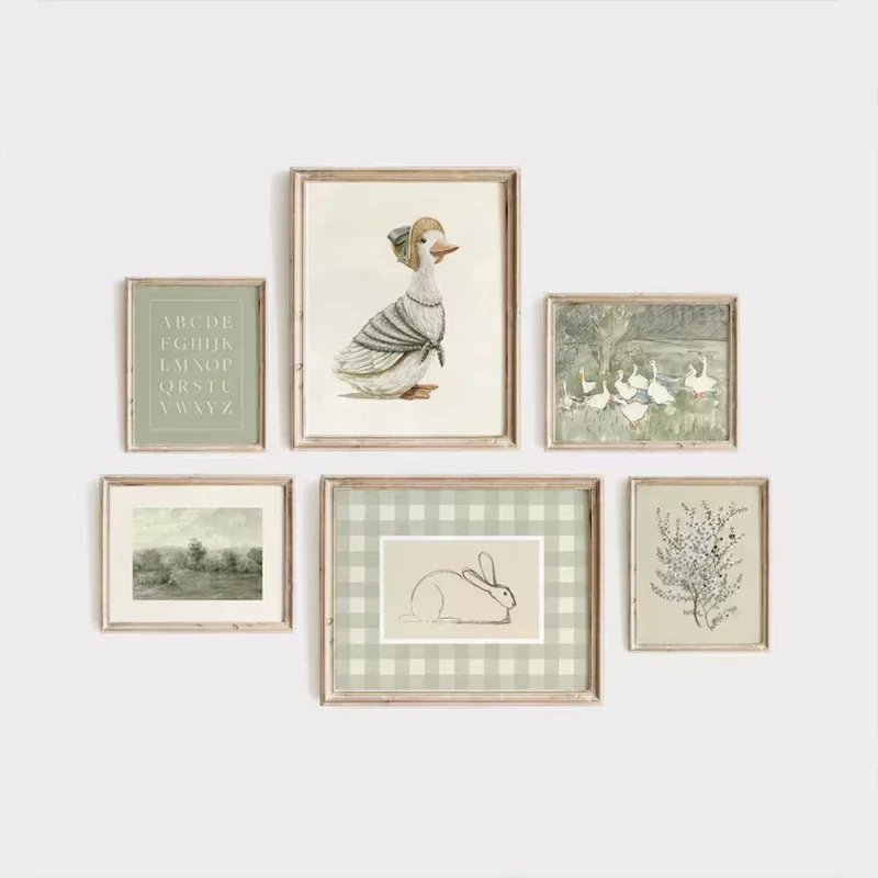 Green Bohemian Nursery Gallery Wall Poster Sage Bunny and Duck Early Learning Kids Room Bedroom Living Room Decorative Wall Art