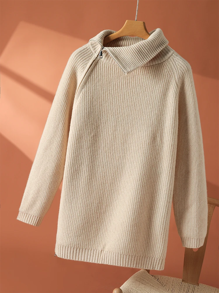 New 100% Goat Cashmere Women Turn-down Collar Sweater Slant Zipper Pullover Autumn Winter Thick Casual Loose Knit Clothing Tops