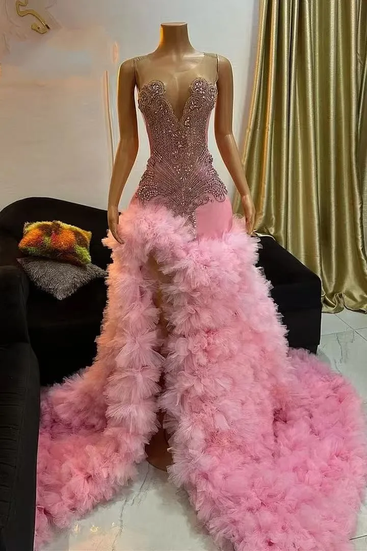 Elegance Pink Evening Dress Mermaid V Neck Ruffled Prom Party Dresses Long High Split Tulle Beaded Formal Gown Event Gala Dress