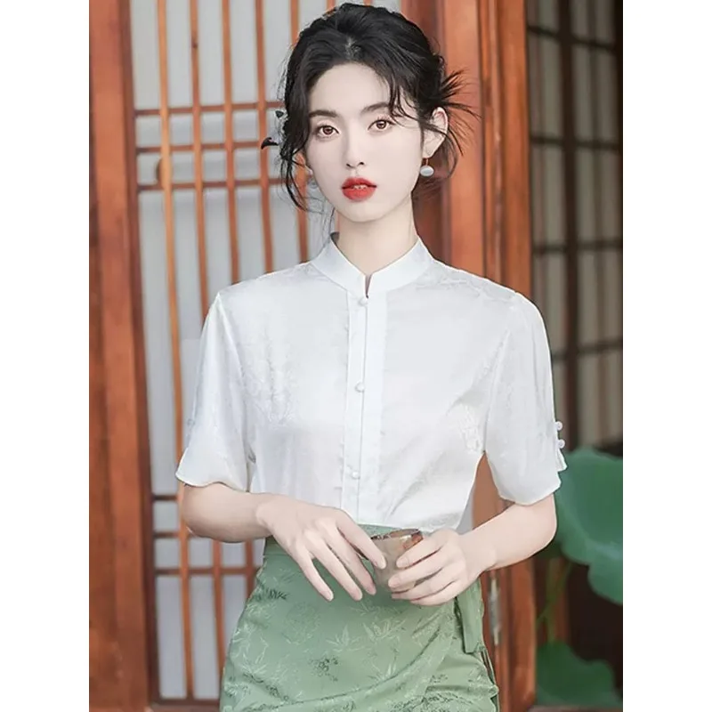 Women New Chinese Stand Collar Short Sleeve Blouse Traditional Style Daily Commute Shirt Match Horse Face Skirt