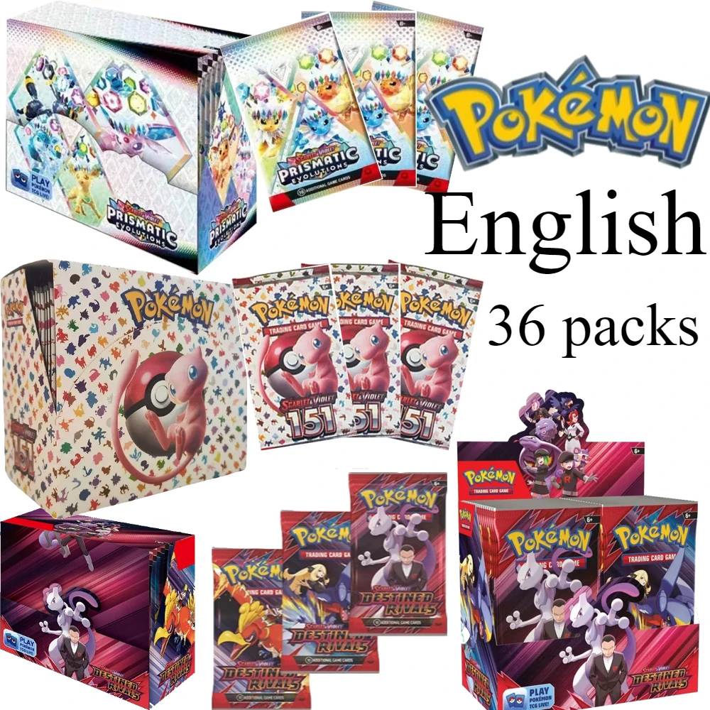 36 paquetes de tarjetas de evolución prismática con remaches destinados de Pokemon, corona estelar, 151 Ultra prisma, refuerzo en inglés, tarjeta de traducción de batalla